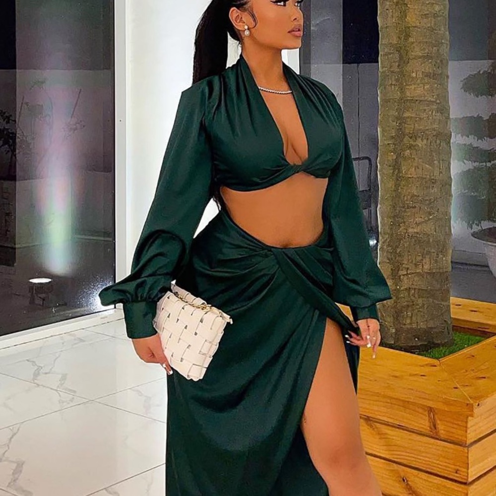 Emerald green satin skirt set